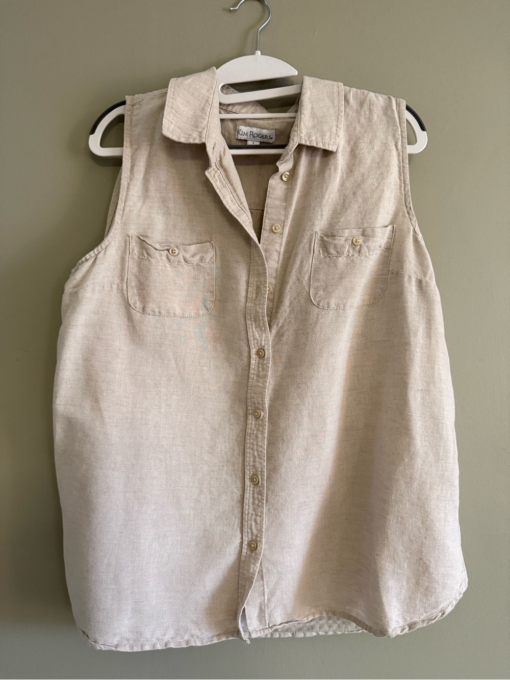 Kim Rogers Linen Cotton Blend Sleeveless Button Down Shirt Oatmeal Beige Large
